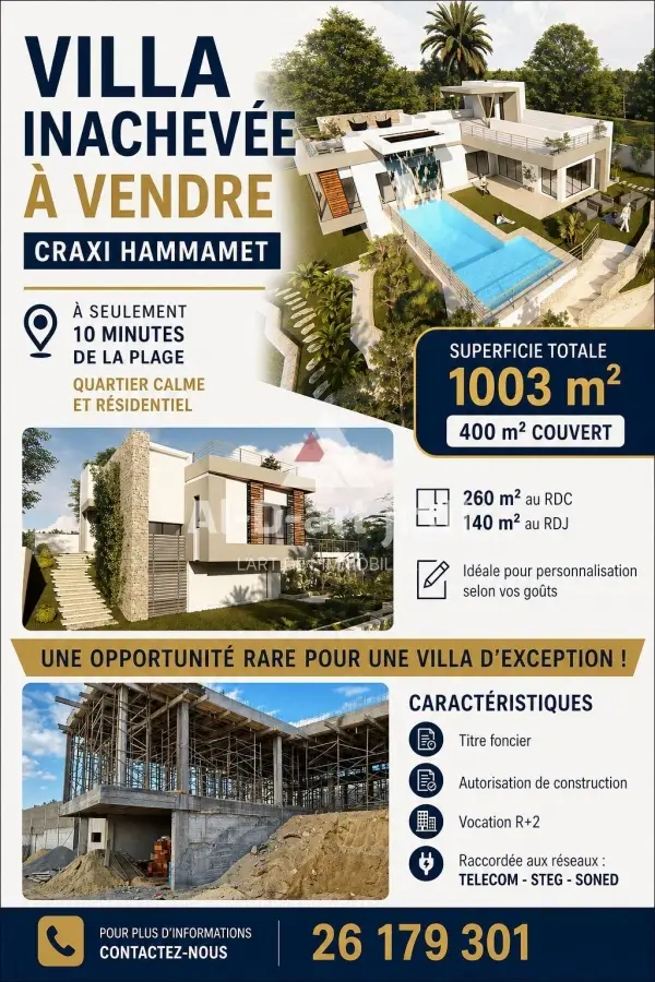 À VENDRE VILLA INACHEVÉE À CRAXI HAMMAMET NORD